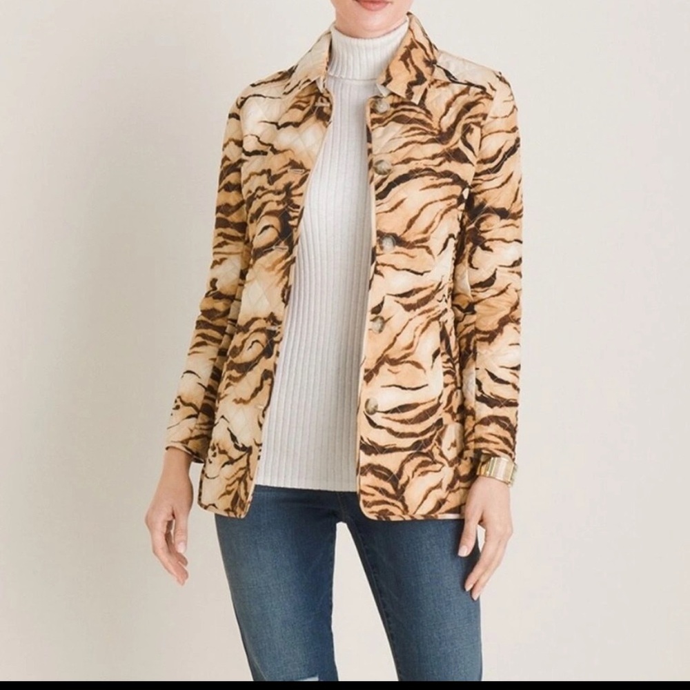 🐅 Chico’s Quilted Jacket – Tiger Stripe in Brown & Cream (Size 1 8/10, EUC)